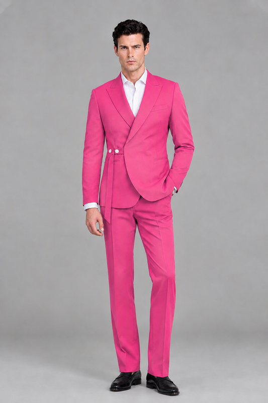 Savile Men's Modern Hot Pink 2-Piece Wrap Suit Set – Peak Lapel Side-Button Blazer & Tailored Trousers - Hot Pink - Hot_Pink_2