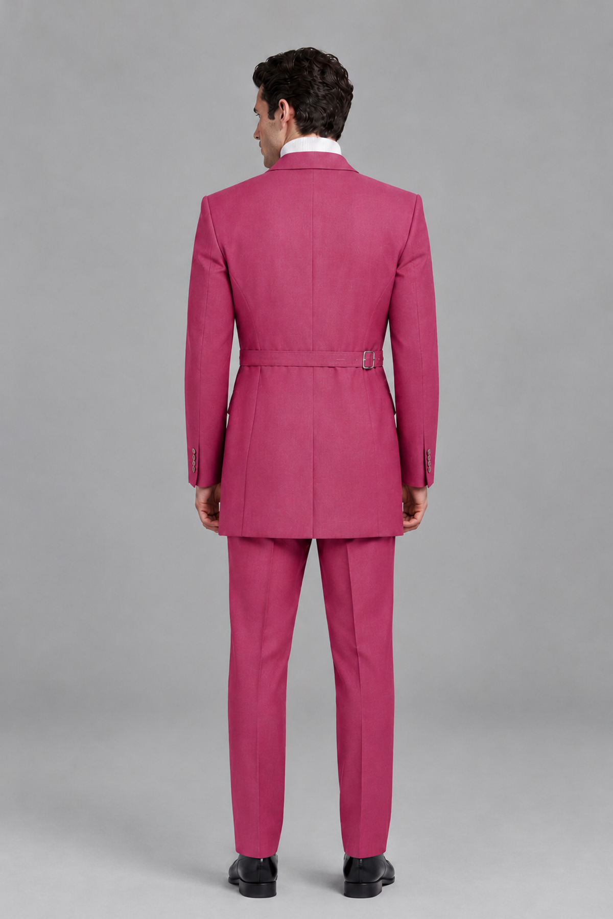 Savile Men's Hot Pink Double Buckle Wrap Belted 2-Piece Suit Set – Peak Lapel Slim-Fit Jacket & Trousers - Hot Pink - Hot Pink_3