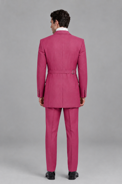 Savile Men's Hot Pink Double Buckle Wrap Belted 2-Piece Suit Set – Peak Lapel Slim-Fit Jacket & Trousers - Hot Pink - Hot Pink_3