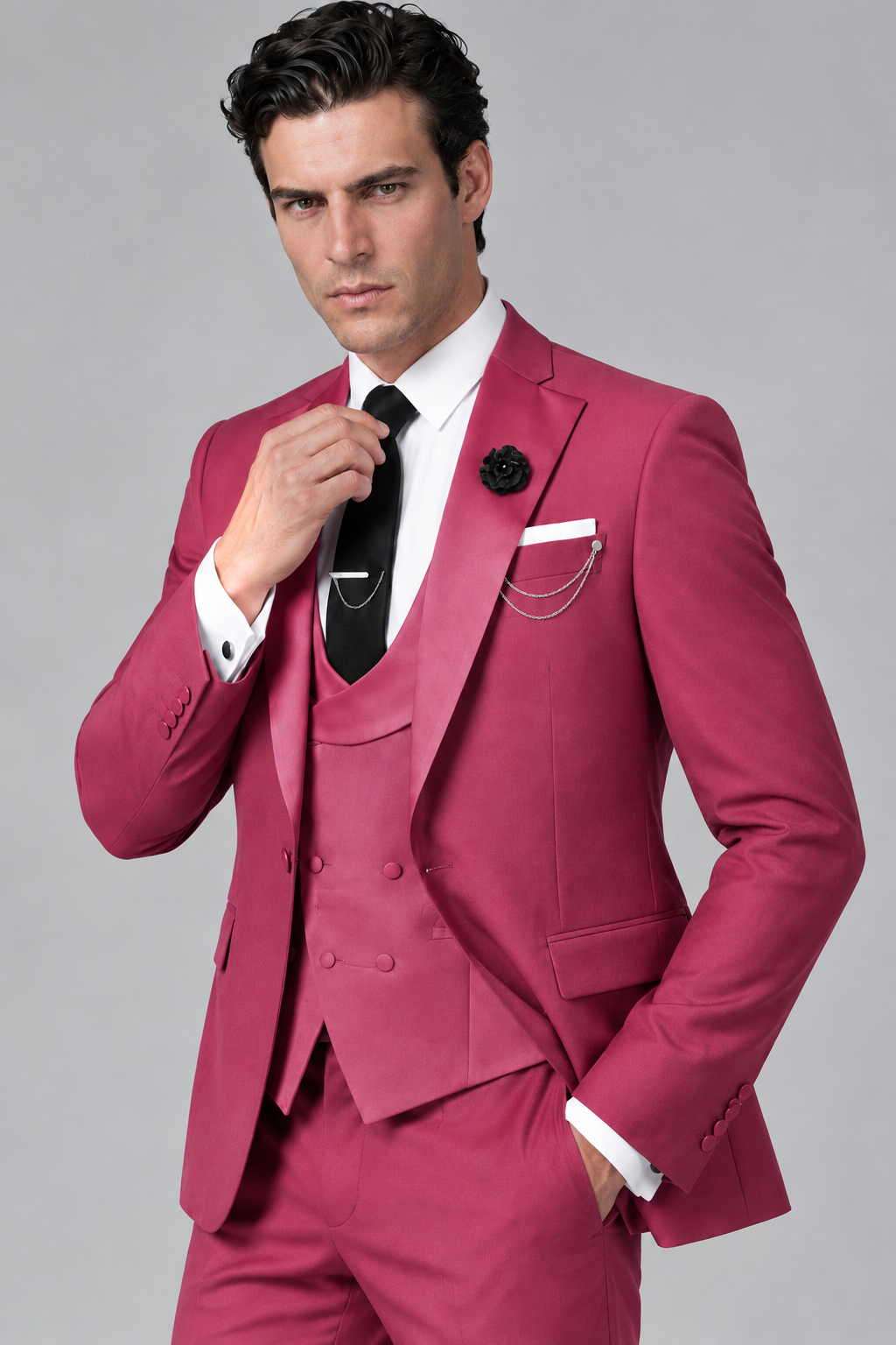 Savile Men's Hot Pink 3-Piece Tuxedo Suit – Contrast Silver Peak Lapel & Grey Vest Formal Set - Hot Pink - Hot Pink_3