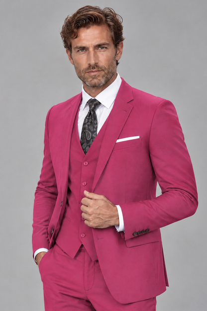 Savile Men's Hot Pink 3-Piece Suit Set – Notch Lapel Blazer, Vest & Trousers - Hot Pink - Hot_Pink_3