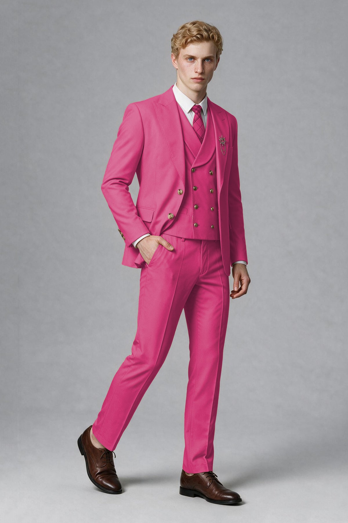 Savile Men's Hot Pink Three-Piece Wedding Suit with Double-Breasted Waistcoat - Hot Pink