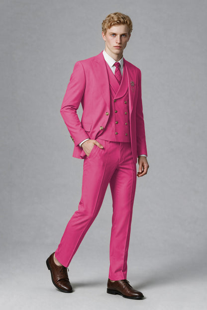 Savile Men's Hot Pink Three-Piece Wedding Suit with Double-Breasted Waistcoat - Hot Pink