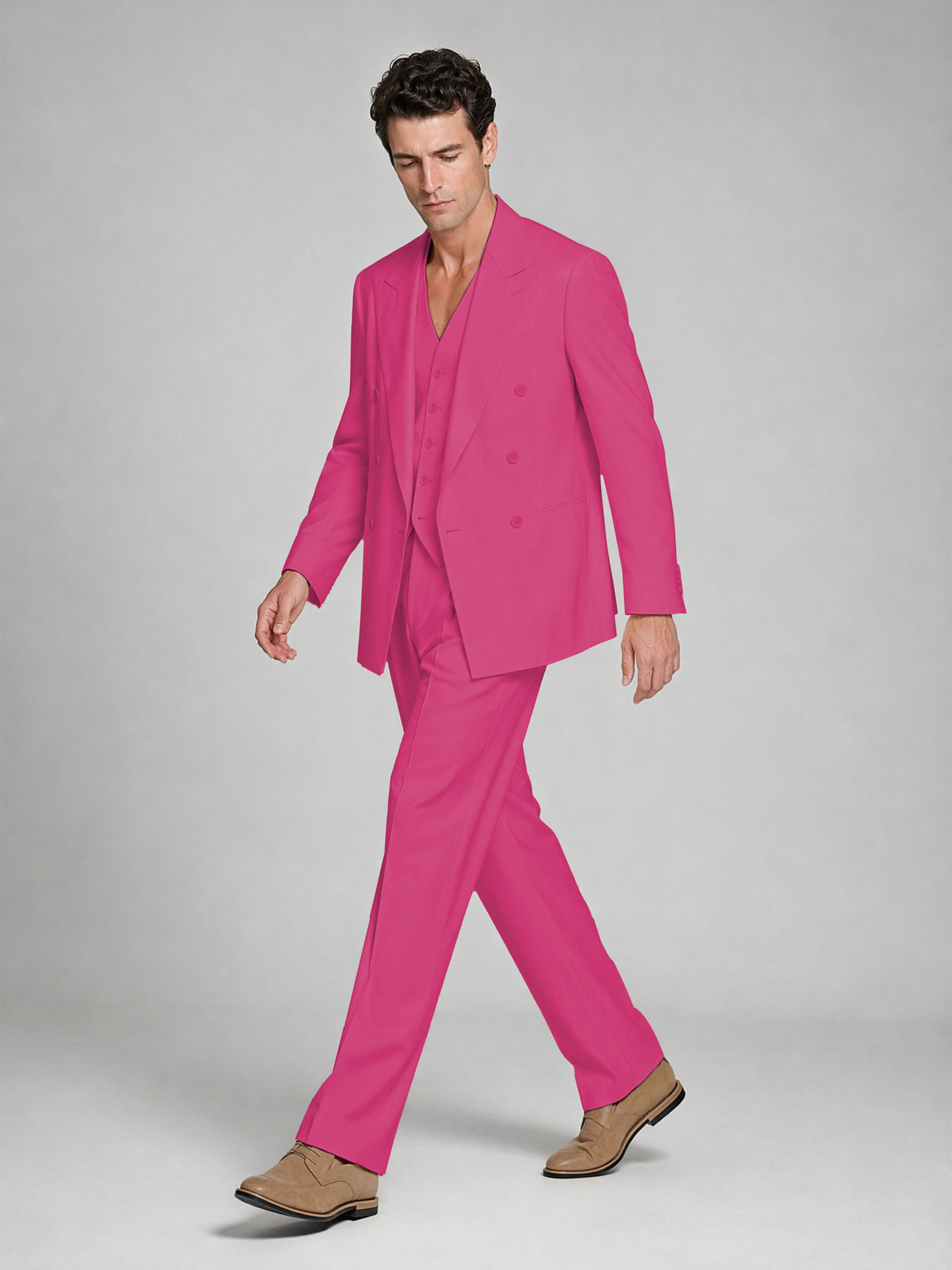 Men's Hot Pink Double-Breasted 2-Piece Suit – Peak Lapel Wedding & Beach Formal Set with Vest - Hot Pink