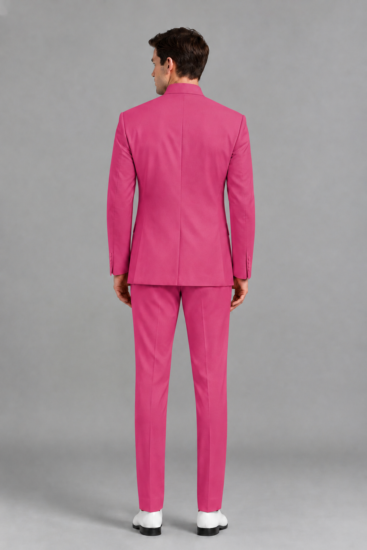 Savile Men's Hot Pink Asymmetrical Mandarin Collar Tuxedo Suit – Modern 2-Piece Gold Button Wedding, Prom & Gala Set - Hot Pink - Hot Pink_3