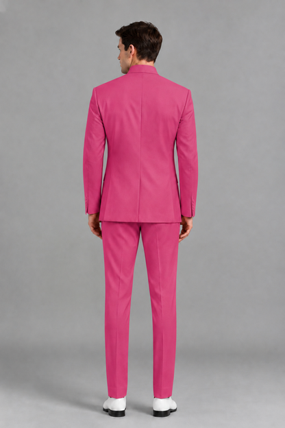 Savile Men's Hot Pink Asymmetrical Mandarin Collar Tuxedo Suit – Modern 2-Piece Gold Button Wedding, Prom & Gala Set - Hot Pink - Hot Pink_3