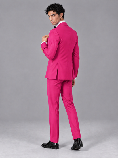 Savile Men's Hot Pink Contrast White Peak Lapel 3-Piece Tuxedo Suit - Hot_Pink