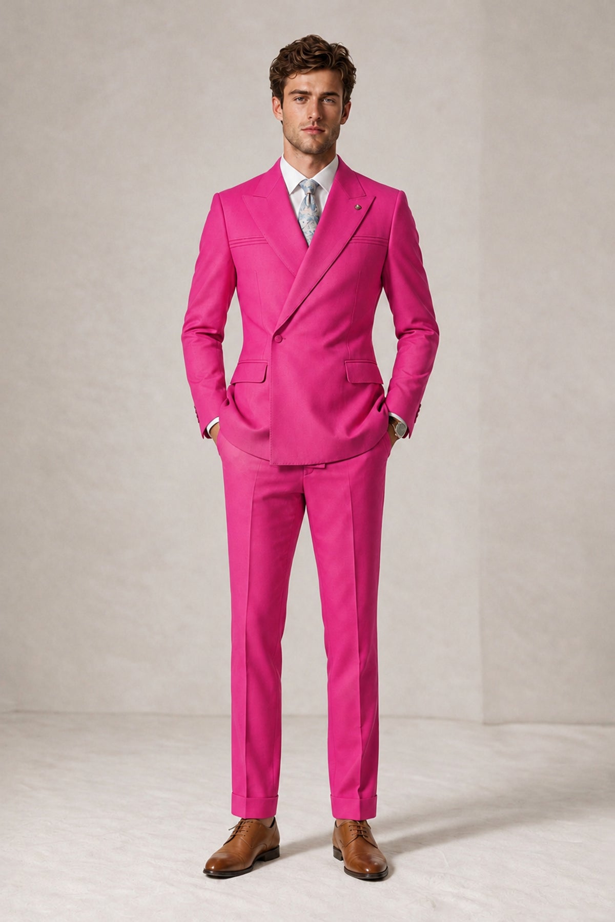 Savile Men's Hot Pink Double-Breasted Slim Fit 2-Piece Suit Set – Peak Lapel Blazer & Cuffed Trousers | Wedding Prom Formal - Hot Pink