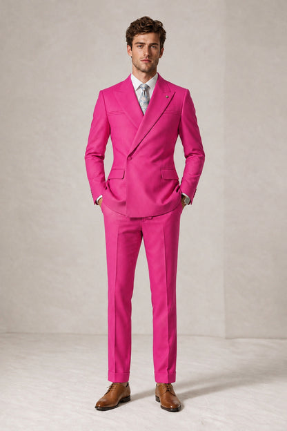 Savile Men's Hot Pink Double-Breasted Slim Fit 2-Piece Suit Set – Peak Lapel Blazer & Cuffed Trousers | Wedding Prom Formal - Hot Pink