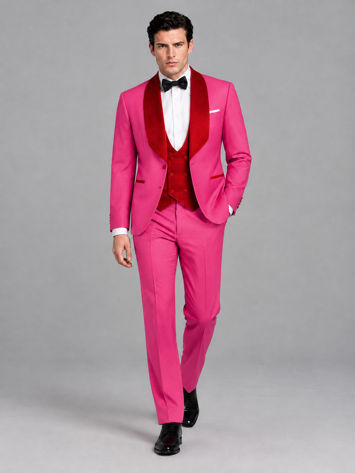 Savile Men's Hot Pink 3-Piece Tuxedo Suit Set – Contrast Red Shawl Lapel Blazer, Red Waistcoat & Trousers - SUC020 - Hot_Pink
