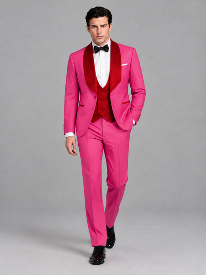Savile Men's Hot Pink 3-Piece Tuxedo Suit Set – Contrast Red Shawl Lapel Blazer, Red Waistcoat & Trousers - SUC020 - Hot_Pink