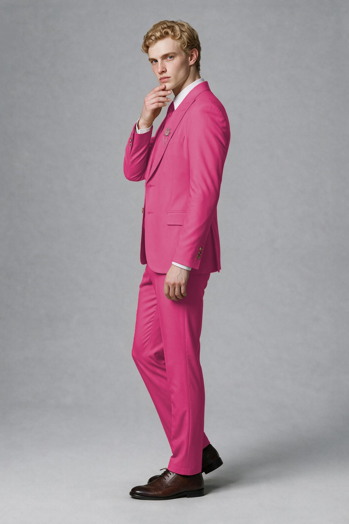 Savile Men's Hot Pink Three-Piece Wedding Suit with Double-Breasted Waistcoat - Hot Pink