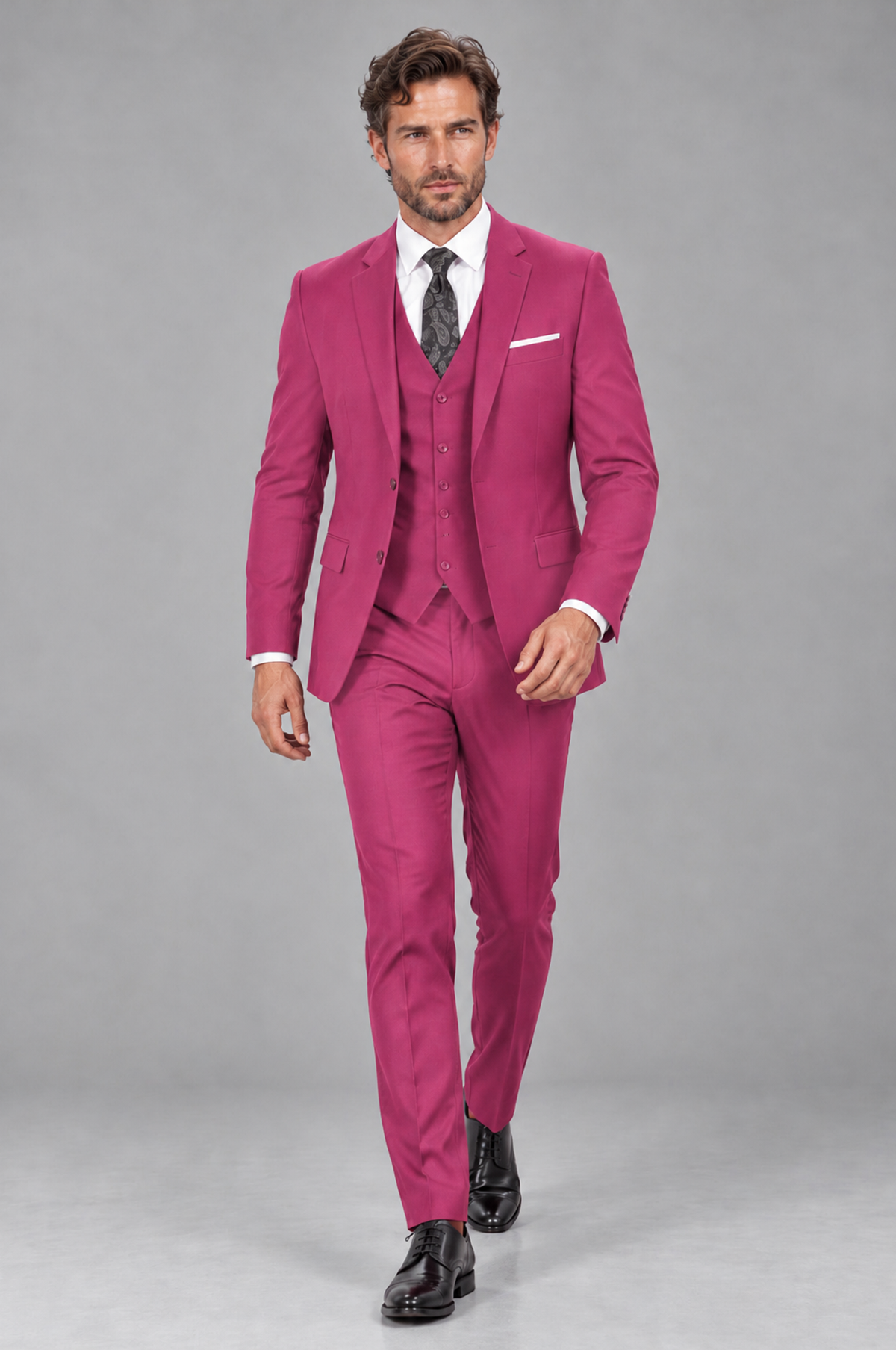 Savile Men's Hot Pink 3-Piece Suit Set – Notch Lapel Blazer, Vest & Trousers - Hot Pink - Hot_Pink_4