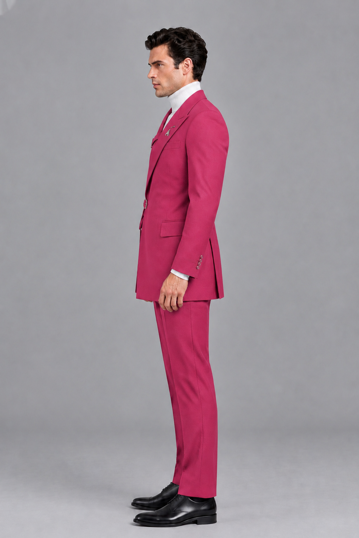 Savile Men's Hot Pink Double Buckle Wrap Belted 2-Piece Suit Set – Peak Lapel Slim-Fit Jacket & Trousers - Hot Pink - Hot Pink_4