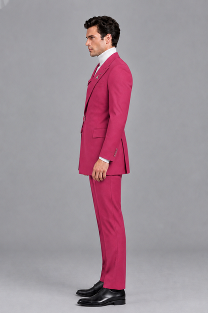 Savile Men's Hot Pink Double Buckle Wrap Belted 2-Piece Suit Set – Peak Lapel Slim-Fit Jacket & Trousers - Hot Pink - Hot Pink_4