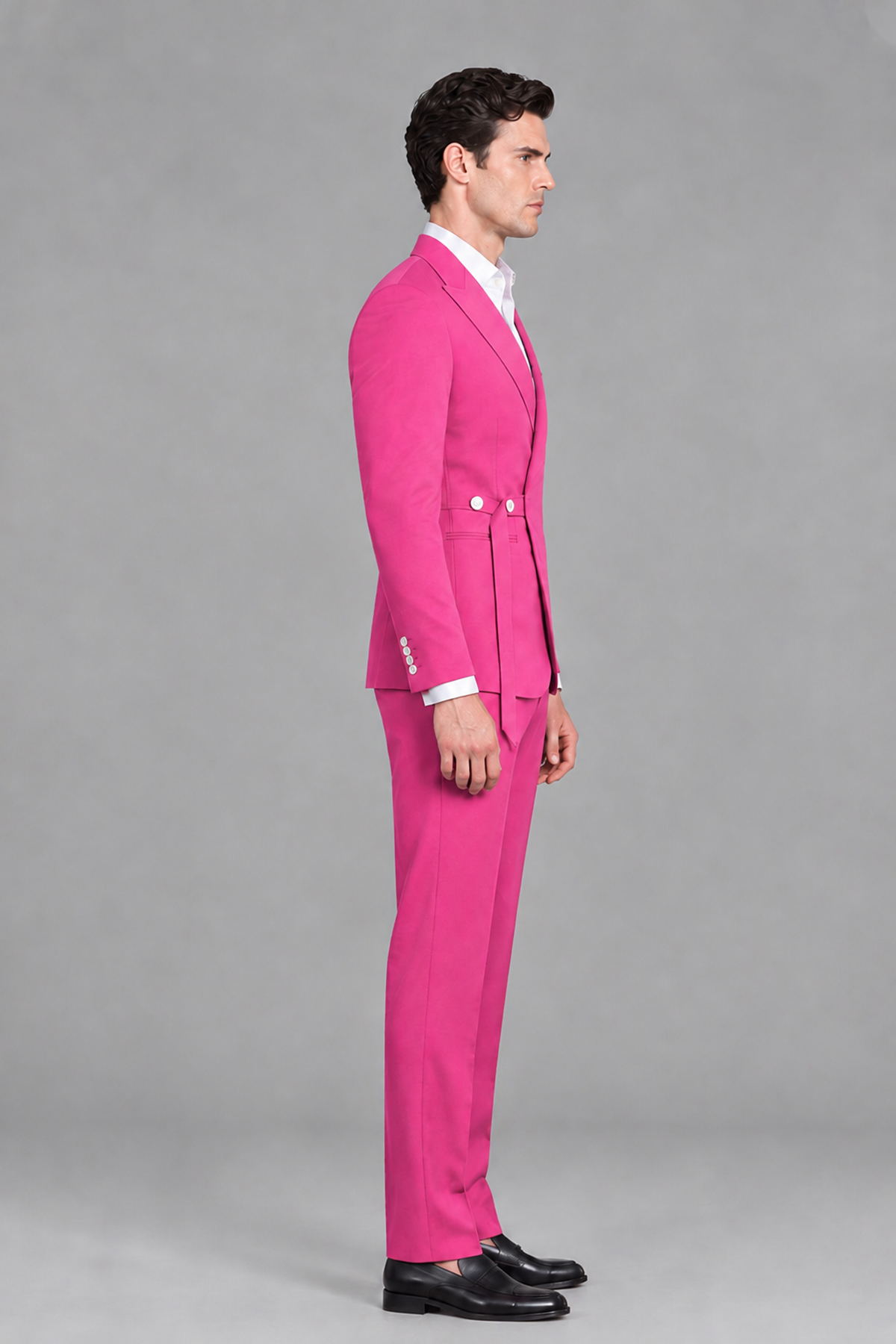 Savile Men's Modern Hot Pink 2-Piece Wrap Suit Set – Peak Lapel Side-Button Blazer & Tailored Trousers - Hot Pink - Hot_Pink_4