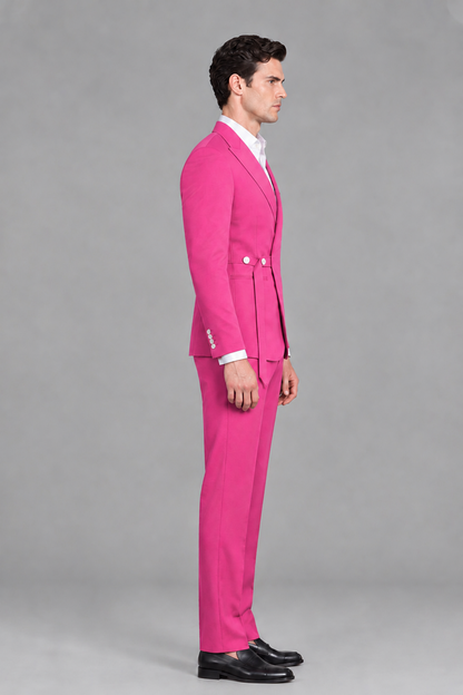 Savile Men's Modern Hot Pink 2-Piece Wrap Suit Set – Peak Lapel Side-Button Blazer & Tailored Trousers - Hot Pink - Hot_Pink_4