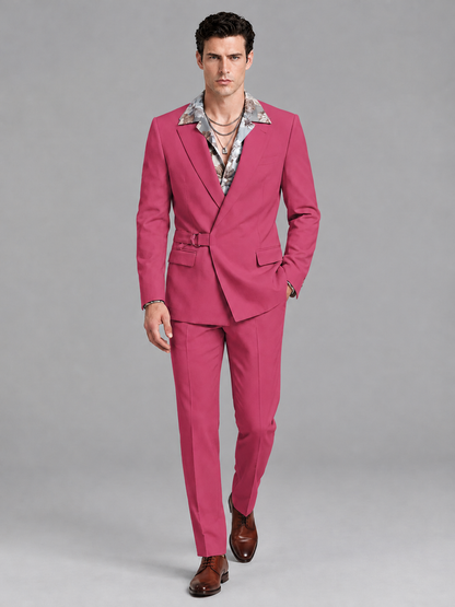 Savile Men's Hot Pink Belted Wrap 2-Piece Suit – Peak Lapel Blazer & Tailored Trousers - SUC060 - Hot Pink - Hot Pink_4