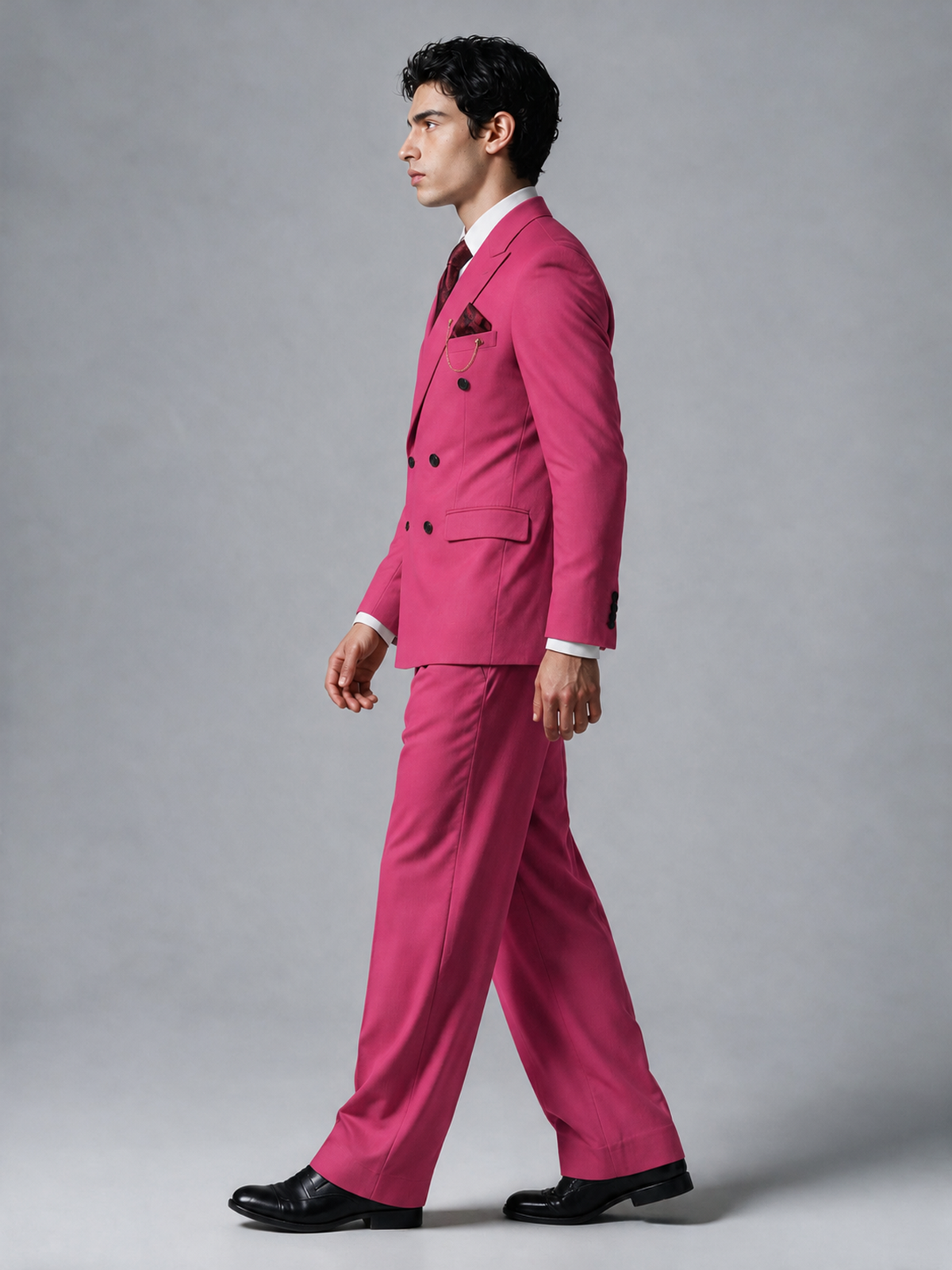 Savile Men's Hot Pink Double-Breasted 2-Piece Suit Set – Peak Lapel Blazer & Pleated Wide-Leg Trousers - Hot Pink - Hot Pink_4