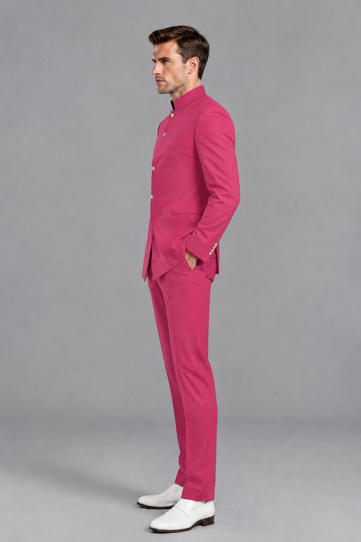 Savile Men's Hot Pink Asymmetrical Mandarin Collar Tuxedo Suit – Modern 2-Piece Gold Button Wedding, Prom & Gala Set - Hot Pink - Hot Pink_4