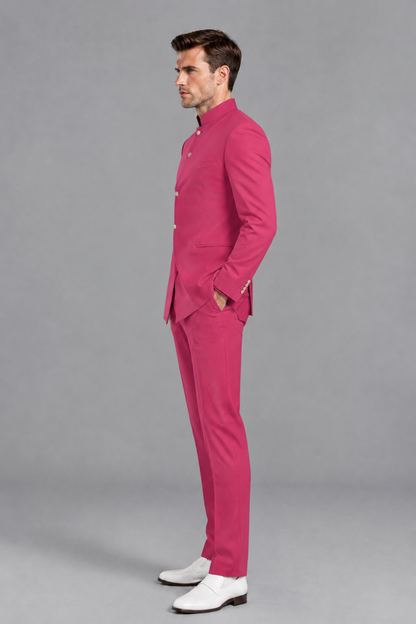Savile Men's Hot Pink Asymmetrical Mandarin Collar Tuxedo Suit – Modern 2-Piece Gold Button Wedding, Prom & Gala Set - Hot Pink - Hot Pink_4