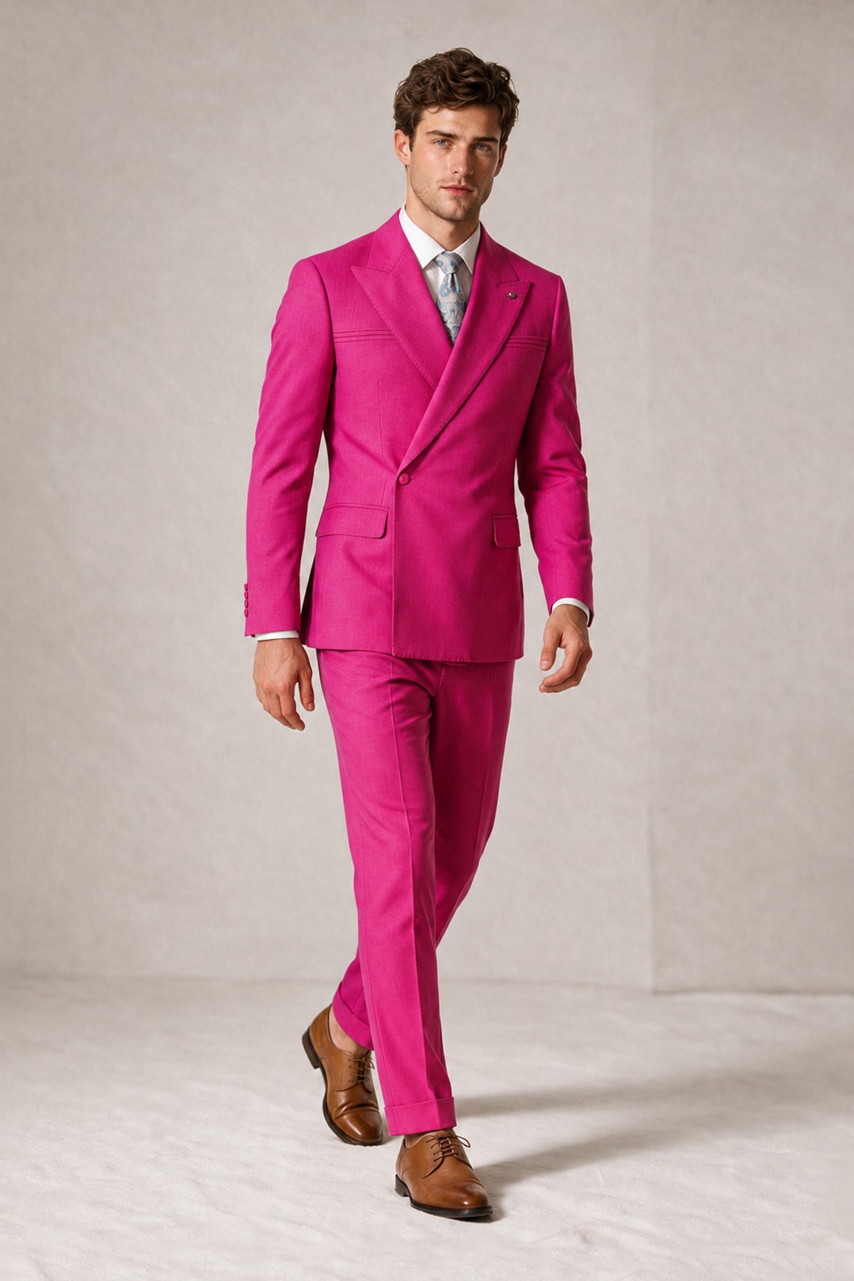 Savile Men's Hot Pink Double-Breasted Slim Fit 2-Piece Suit Set – Peak Lapel Blazer & Cuffed Trousers | Wedding Prom Formal - Hot Pink