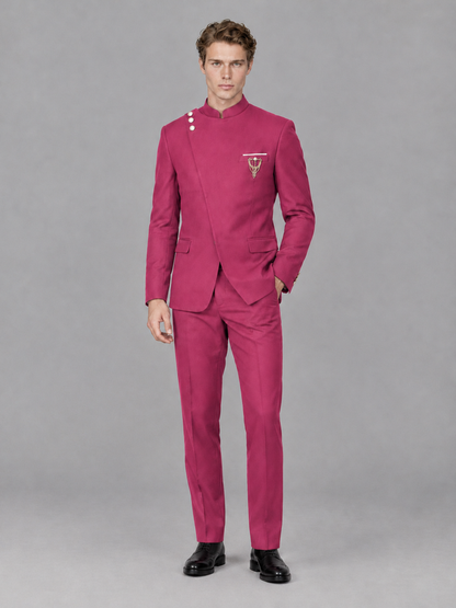 Savile Men's Hot Pink Mandarin Collar Asymmetrical 2-Piece Suit Set – Modern Jacket & Trousers - Hot Pink - Hot Pink_4