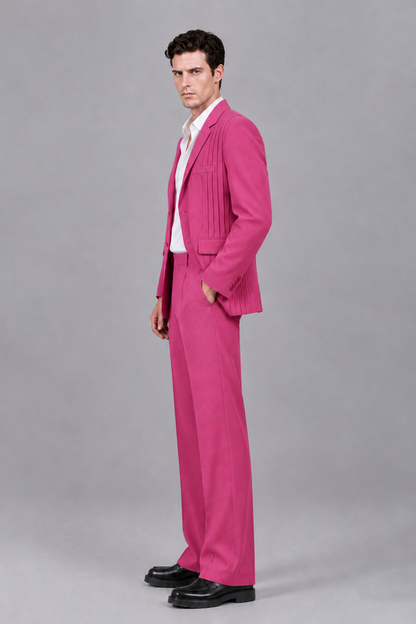 Savile Men's Hot Pink Pleated 2-Piece Suit Set | Notch Lapel Blazer & Tailored Trousers - Hot Pink - Hot Pink_4