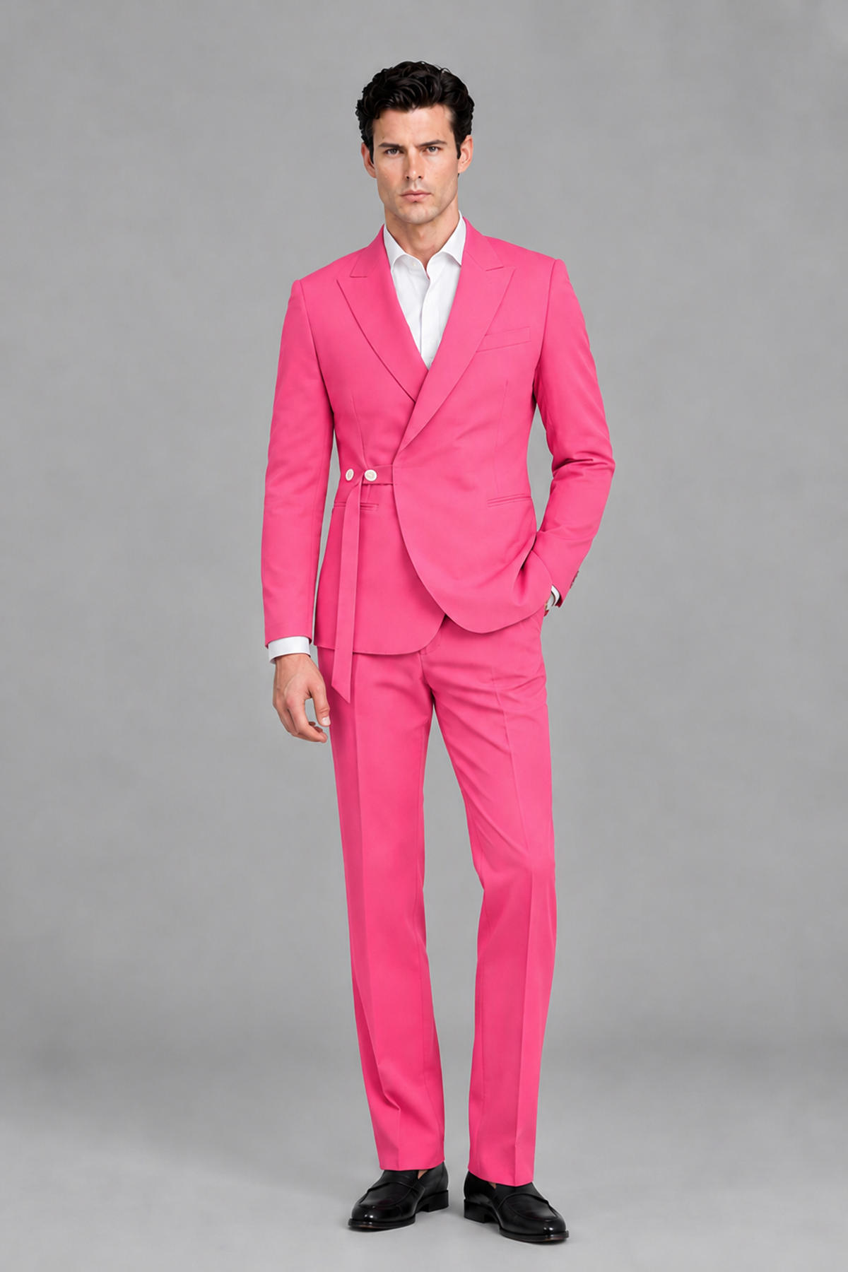 Savile Men's Modern Hot Pink 2-Piece Wrap Suit Set – Peak Lapel Side-Button Blazer & Tailored Trousers - Hot Pink - Hot_Pink_5