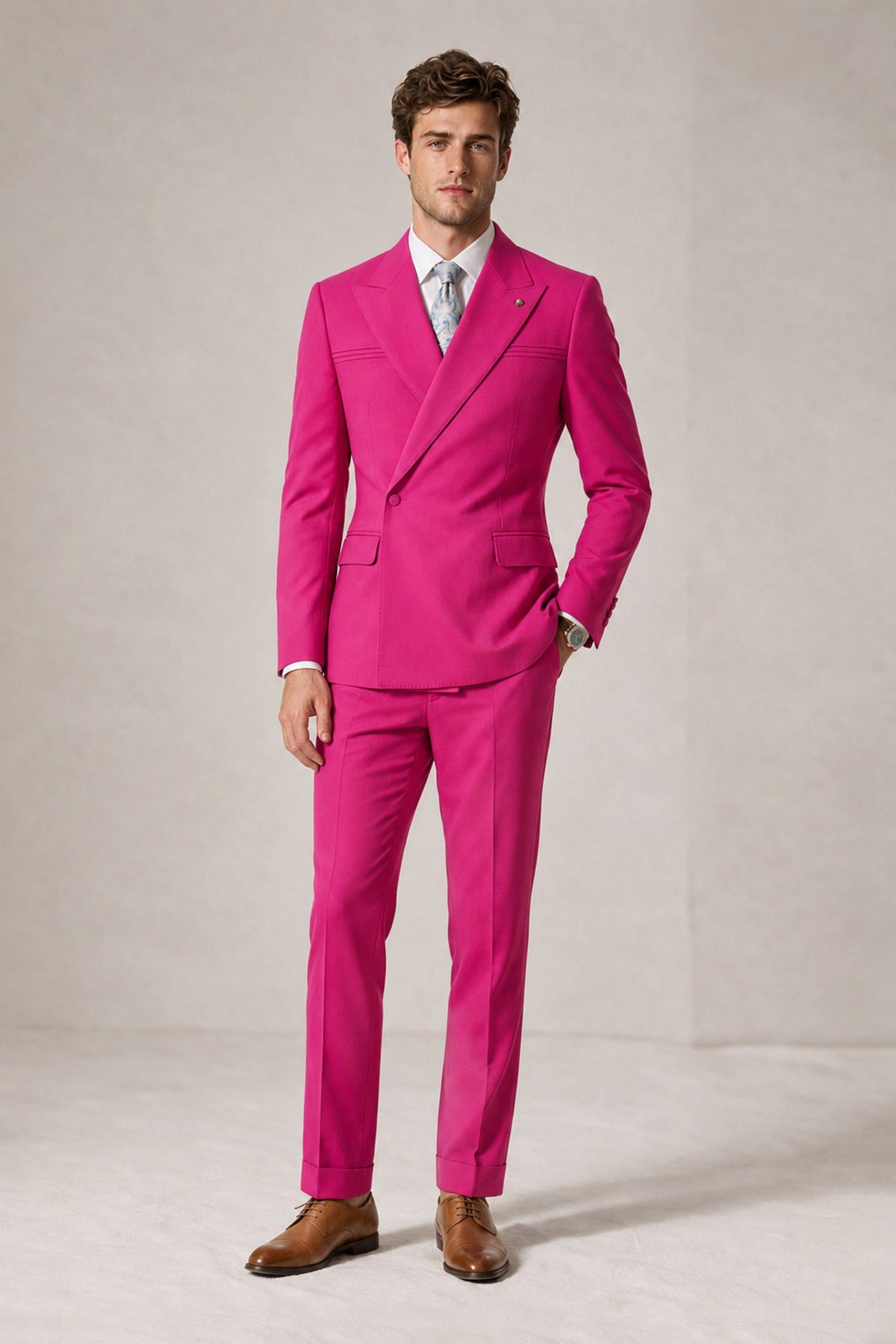 Savile Men's Hot Pink Double-Breasted Slim Fit 2-Piece Suit Set – Peak Lapel Blazer & Cuffed Trousers | Wedding Prom Formal - Hot Pink