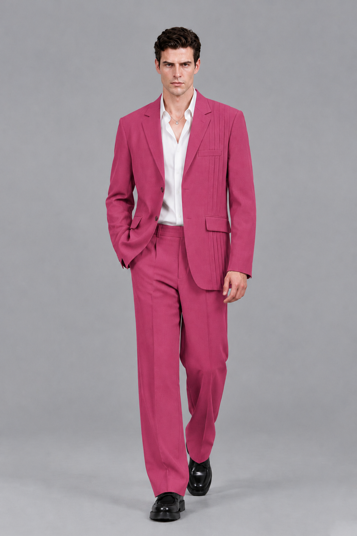 Savile Men's Hot Pink Pleated 2-Piece Suit Set | Notch Lapel Blazer & Tailored Trousers - Hot Pink - Hot Pink_5