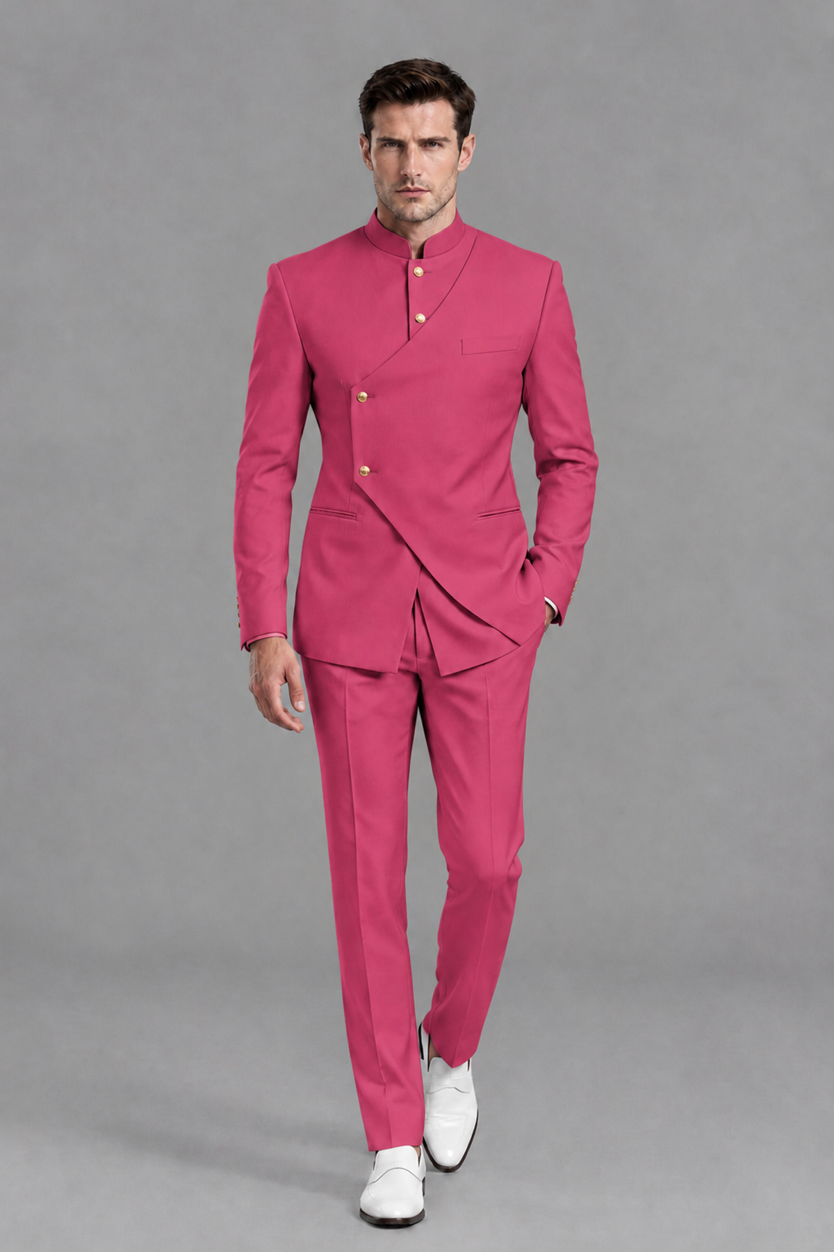 Savile Men's Hot Pink Asymmetrical Mandarin Collar Tuxedo Suit – Modern 2-Piece Gold Button Wedding, Prom & Gala Set - Hot Pink - Hot Pink_5