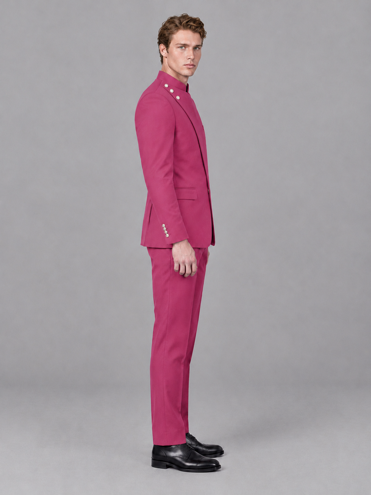 Savile Men's Hot Pink Mandarin Collar Asymmetrical 2-Piece Suit Set – Modern Jacket & Trousers - Hot Pink - Hot Pink_5
