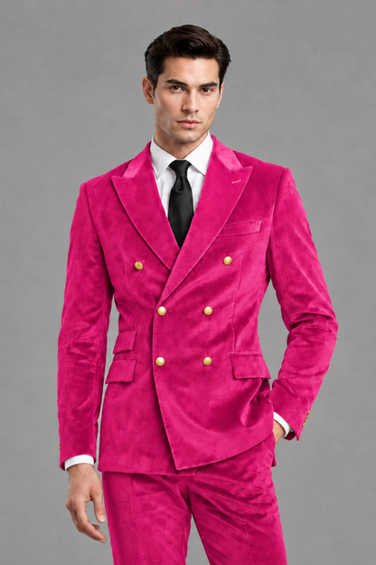 Savile Men's Hot Pink Velvet Double-Breasted 2-Piece Suit Set | Peak Lapel Blazer & Trousers - Hot Pink