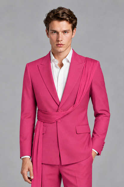 Men's Hot Pink Draped Sash Suit – Peak Lapel 2-Piece Slim Fit Party, Gala & Wedding Set - Hot Pink
