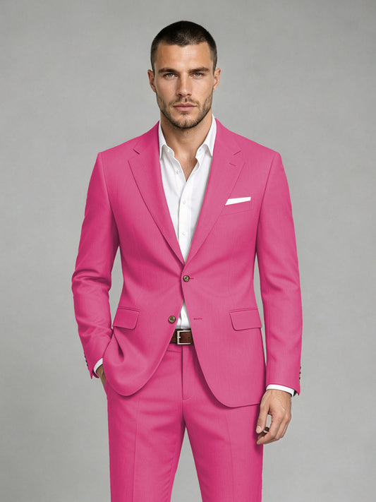 Savile Men's Dark Hot Pink Wool-Blend 2-Piece Suit Set – Two-Button Notch Lapel Slim-Fit Blazer & Turn-Up Trousers - Hot Pink