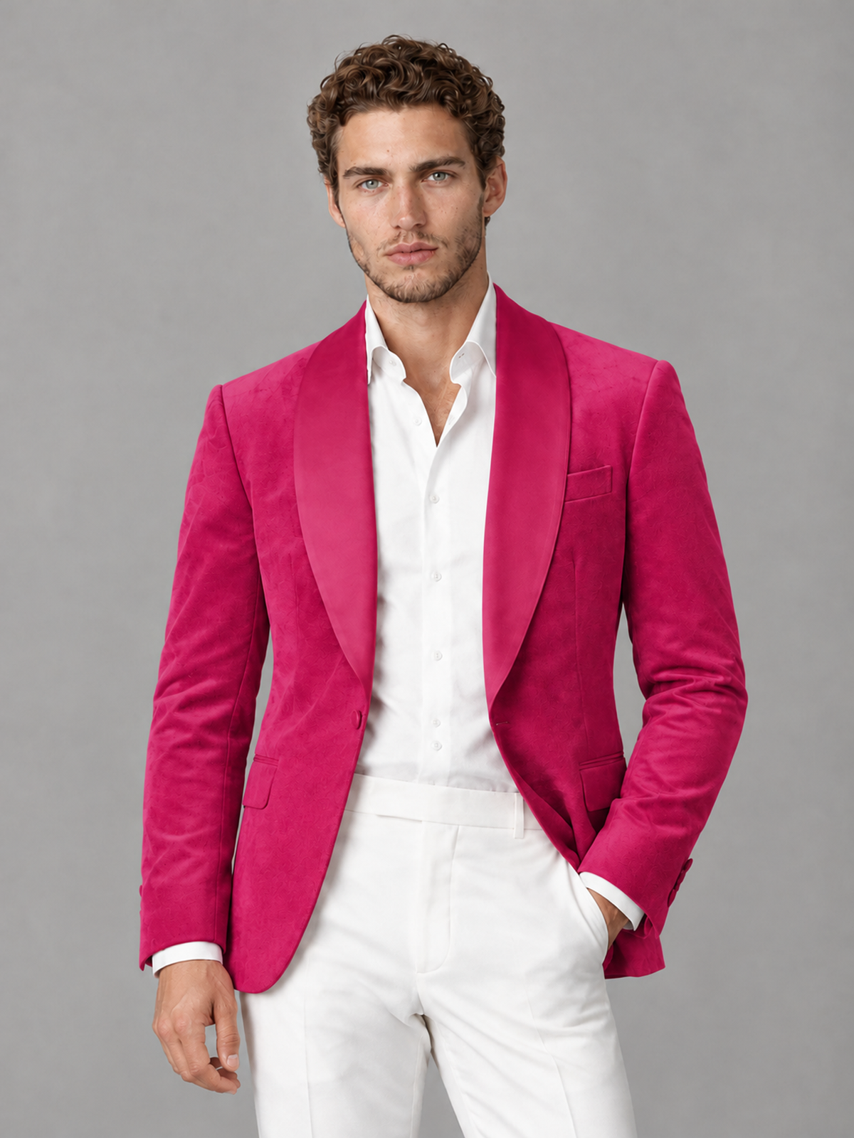 Savile Men's Hot Pink Velvet Shawl Lapel 2-Piece Tuxedo Suit Set | Jacket & White Trousers - Hot Pink - Hot Pink (1)