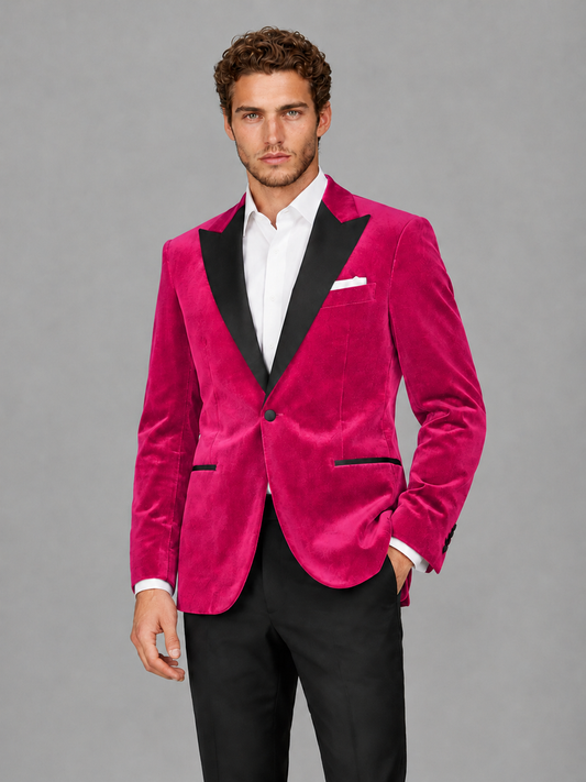 Savile Men's Hot Pink Velvet Peak Lapel 2-Piece Tuxedo Suit Set | Jacket & Trousers - Hot Pink