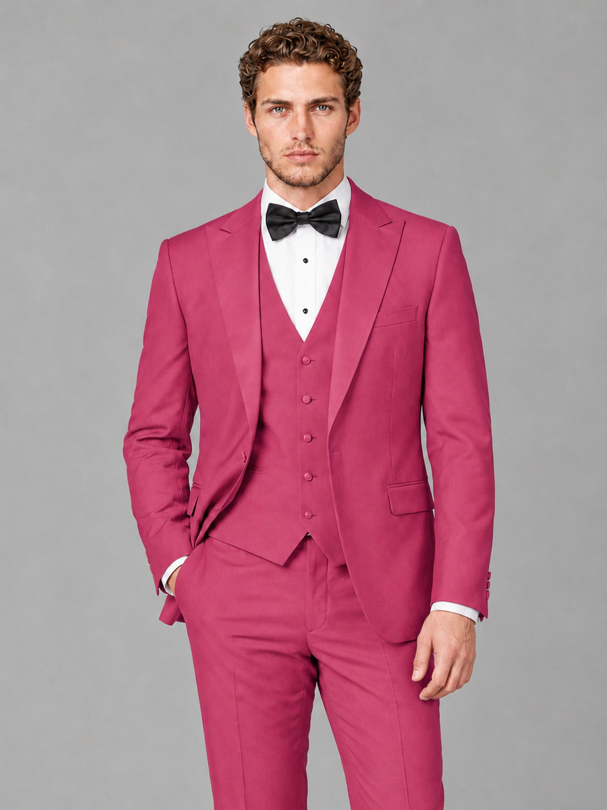 Savile Men's Hot Pink Peak Lapel 3-Piece Tuxedo Suit | Jacket, Vest & Trousers - Hot Pink