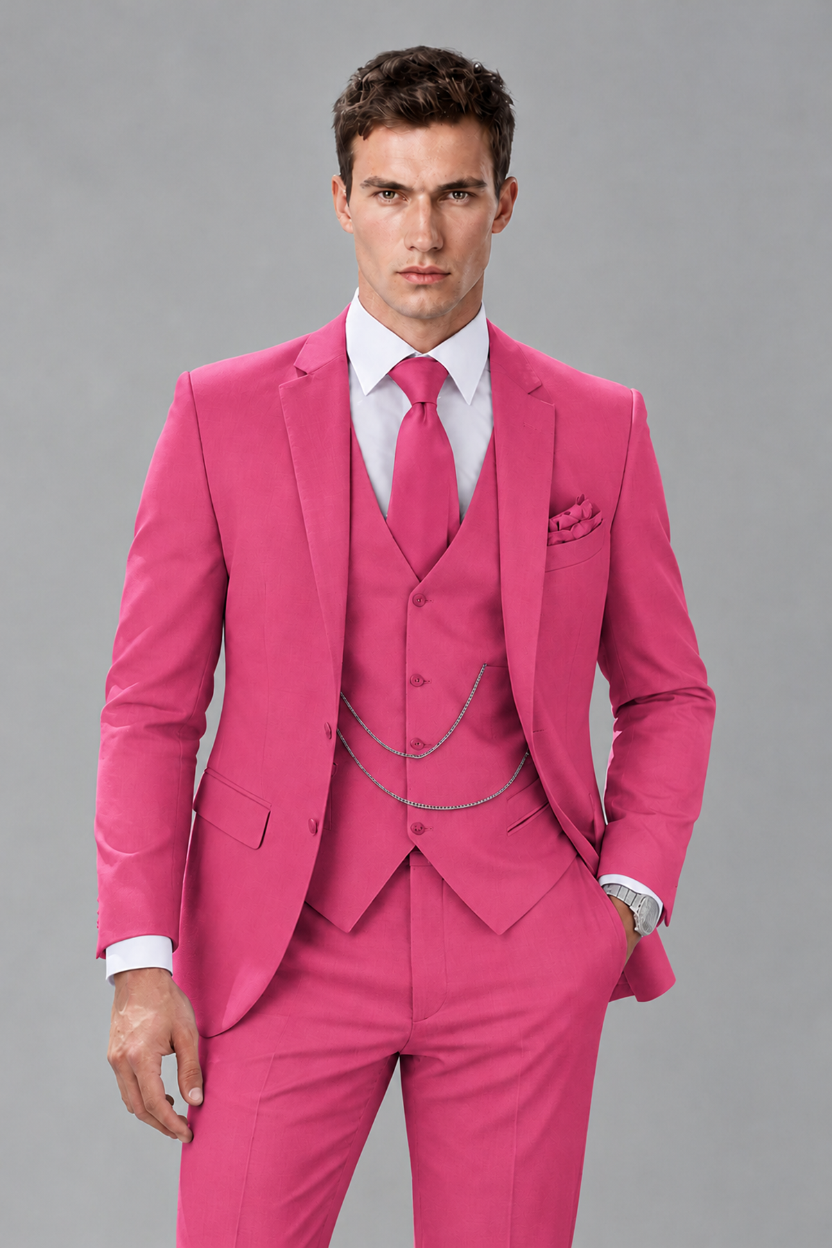 Savile Hot Pink 3-Piece Suit with Notch Lapel & Chain Vest - Hot Pink
