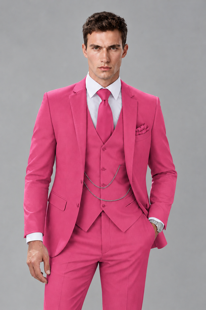 Savile Hot Pink 3-Piece Suit with Notch Lapel & Chain Vest - Hot Pink