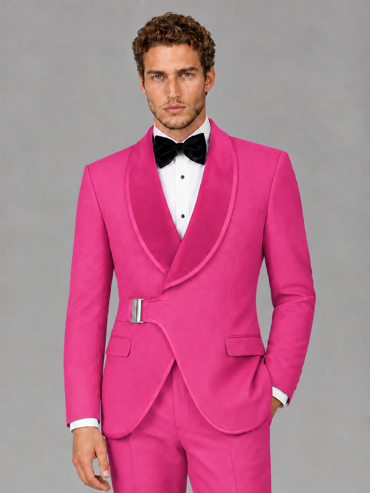 Savile Men's Hot Pink Velvet Shawl Lapel Tuxedo Suit – Modern Side-Buckle Dinner Jacket & Trousers 2-Piece Set - Hot Pink