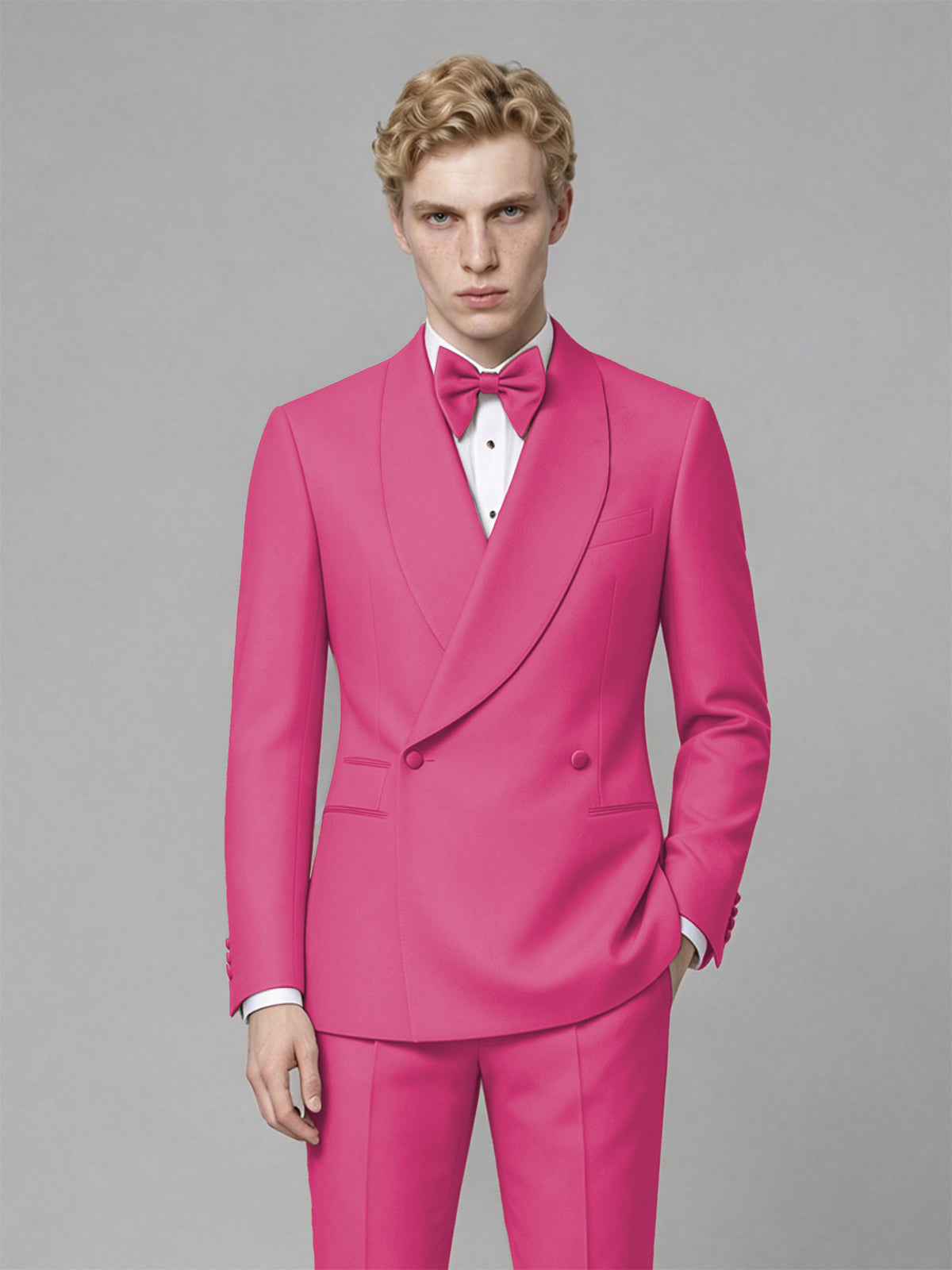 Men's Hot Pink Single-Button Hot Pink Satin Shawl Lapel Tuxedo Suit Set | Blazer & Trousers - Hot Pink