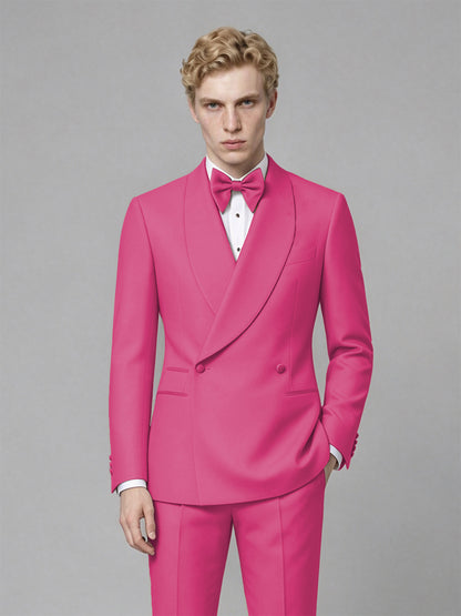 Men's Hot Pink Single-Button Hot Pink Satin Shawl Lapel Tuxedo Suit Set | Blazer & Trousers - Hot Pink