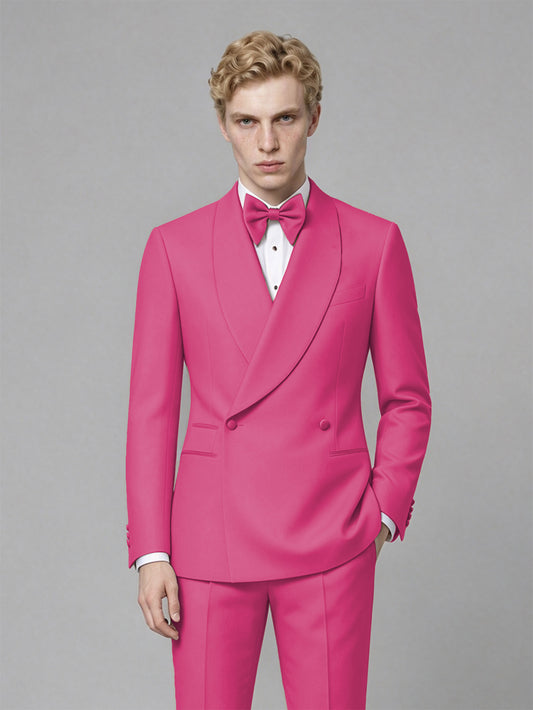 Men's Hot Pink Single-Button Hot Pink Satin Shawl Lapel Tuxedo Suit Set | Blazer & Trousers - Hot Pink