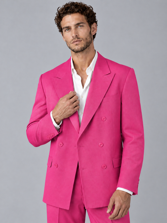 Savile Hot Pink Beige Double-Breasted 2-Piece Suit with Peak Lapel - Hot Pink