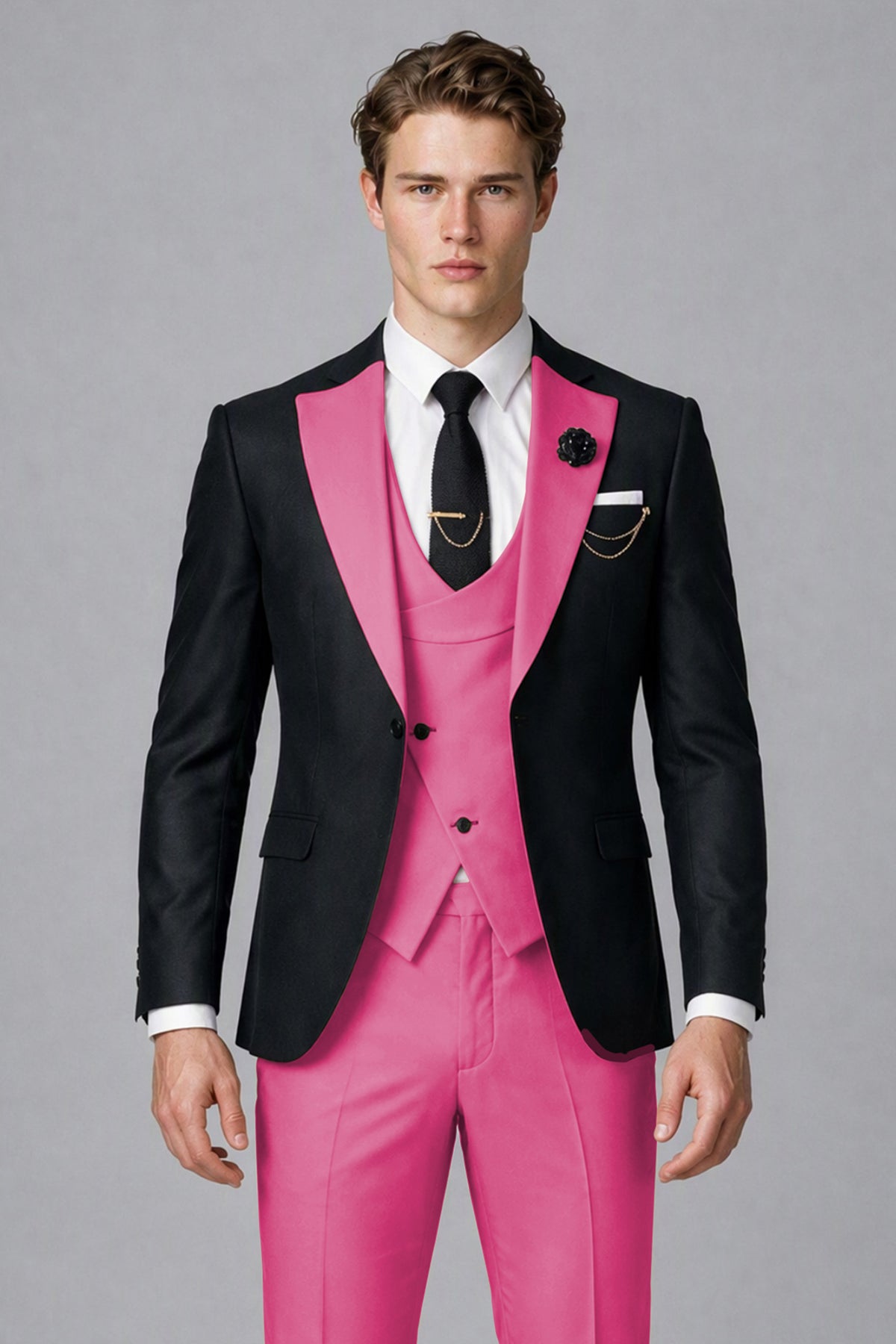 Savile Men's Black & Hot Pink Three-Piece Wedding Suit - Hot Pink