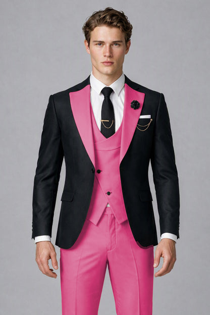 Savile Men's Black & Hot Pink Three-Piece Wedding Suit - Hot Pink