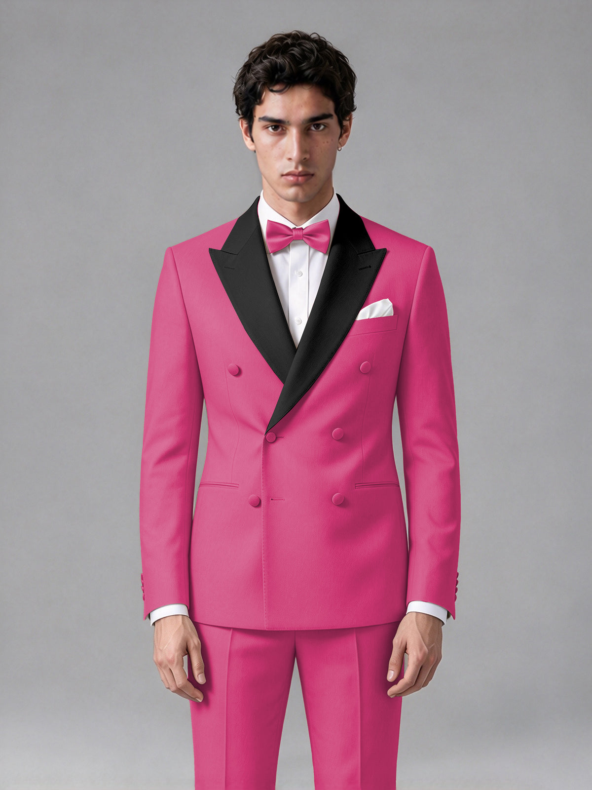 Men's Hot Pink Double-Breasted Satin Peak Lapel Tuxedo Suit Set (Jacket + Trousers) - Hot Pink