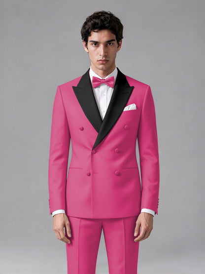 Men's Hot Pink Double-Breasted Satin Peak Lapel Tuxedo Suit Set (Jacket + Trousers) - Hot Pink